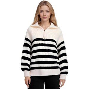 Women's Stripe Sweater Half Turtleneck Zipper Long Sleeve Knit Striped White